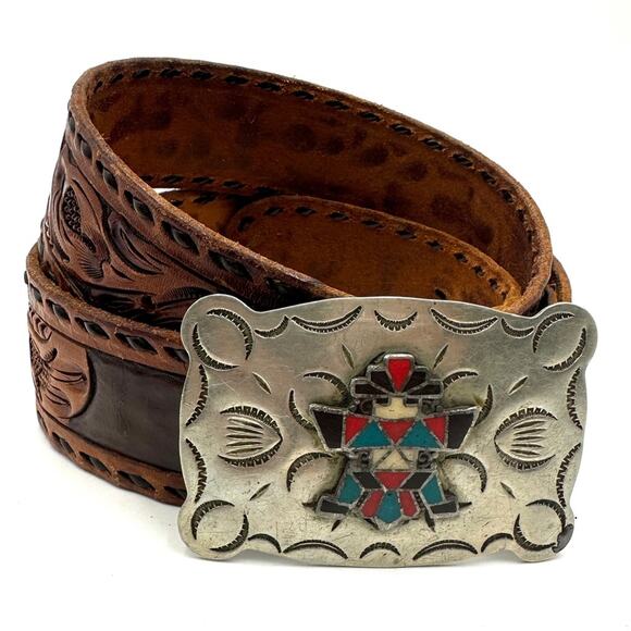 VTG -FRONTIER BUCKLE Native American vintage 70s Zuni Multi-Inlay Knifewing belt - Picture 14 of 14
